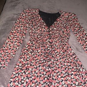 Zara Black and Pink Floral V-Neck Dress